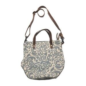 Myra Bag Leather Canvas Southwestern Aztec Shoulder Bag Satchel Cowhair Gray